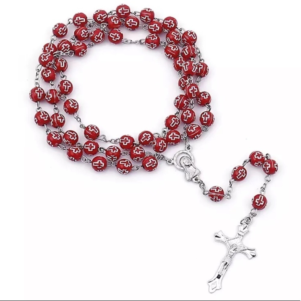NWT Catholic Red Beaded With Silver Cross Accents Rosary
